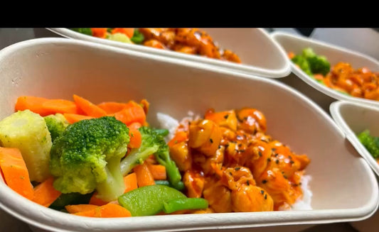 Sweet & sour chicken with rice and Asian veggies