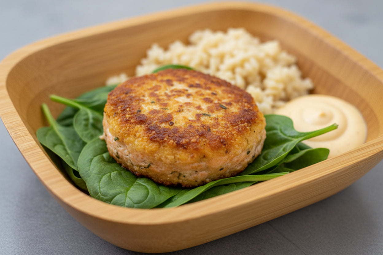 Salmon patty with rice and raw spinach